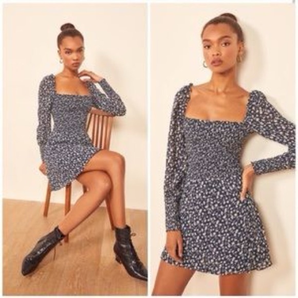 Reformation Dresses & Skirts - Reformation Kelli Mini Dress Smocked Bodice Fit & Flare Long Sleeve Sz L Blue